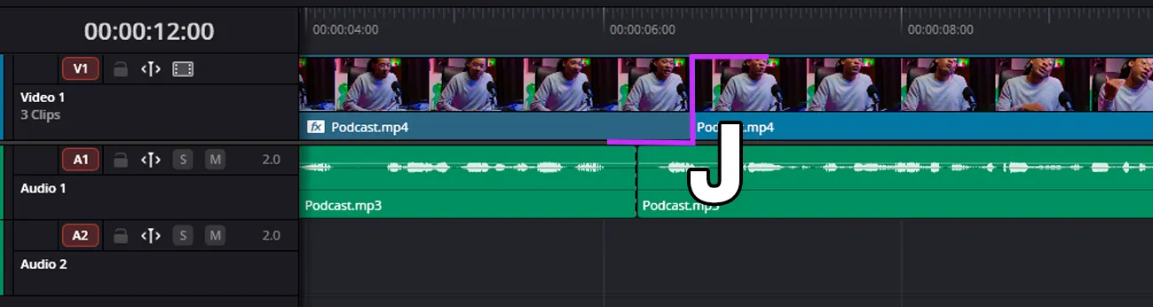 J-cut alignment on the DaVinci Resolve timeline