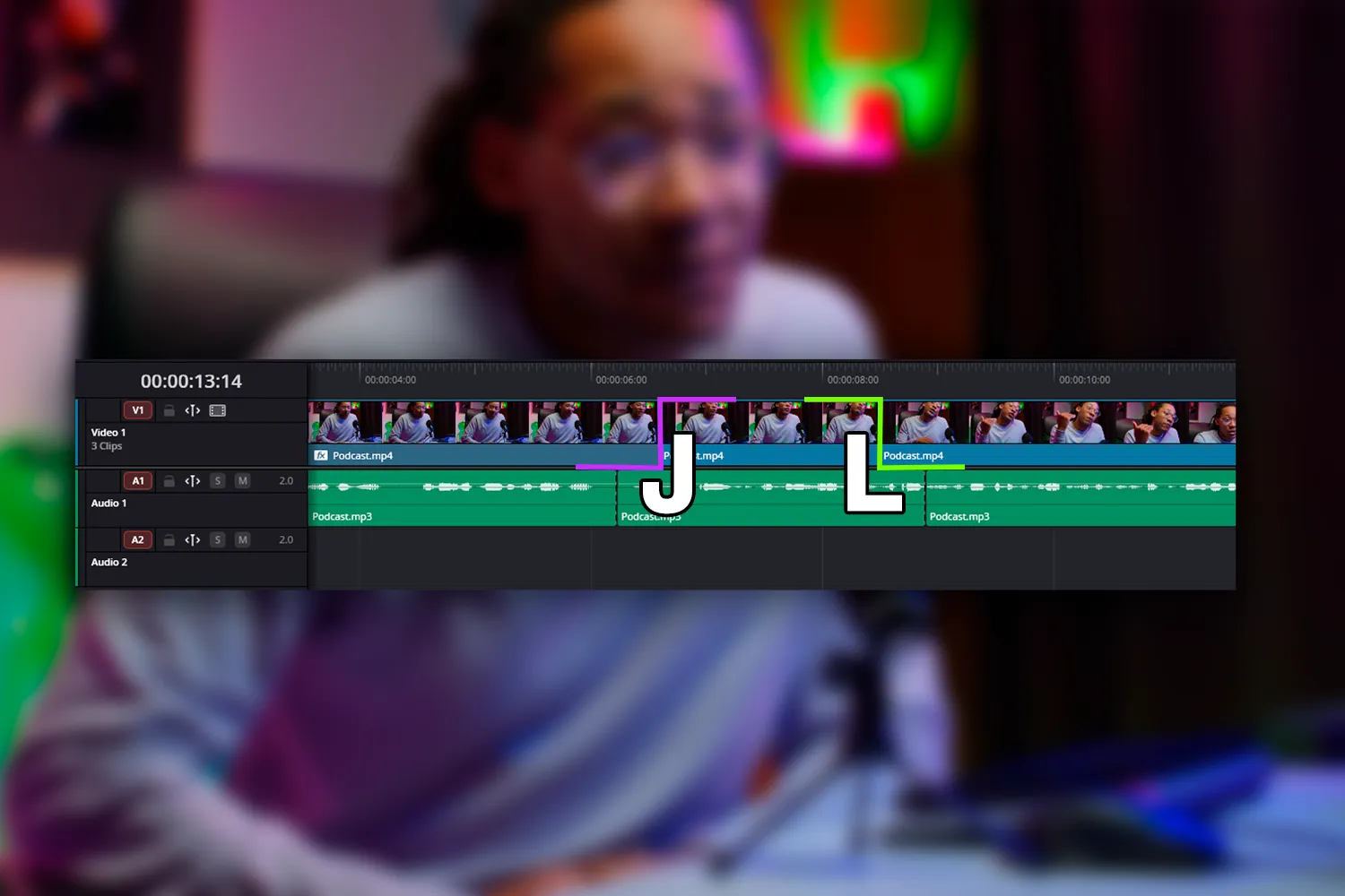 Video editor timeline showing J-cuts and L-cuts in post production